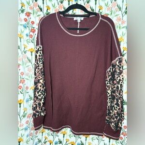 She and Sky Maroon Waffle Knit Long Sleeve with Leopard Print Sleeves
